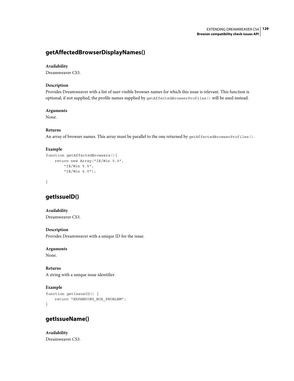 Getaffectedbrowserdisplaynames(), Getissueid(), Getissuename() | Adobe Extending Dreamweaver CS4 User Manual | Page 135 / 387