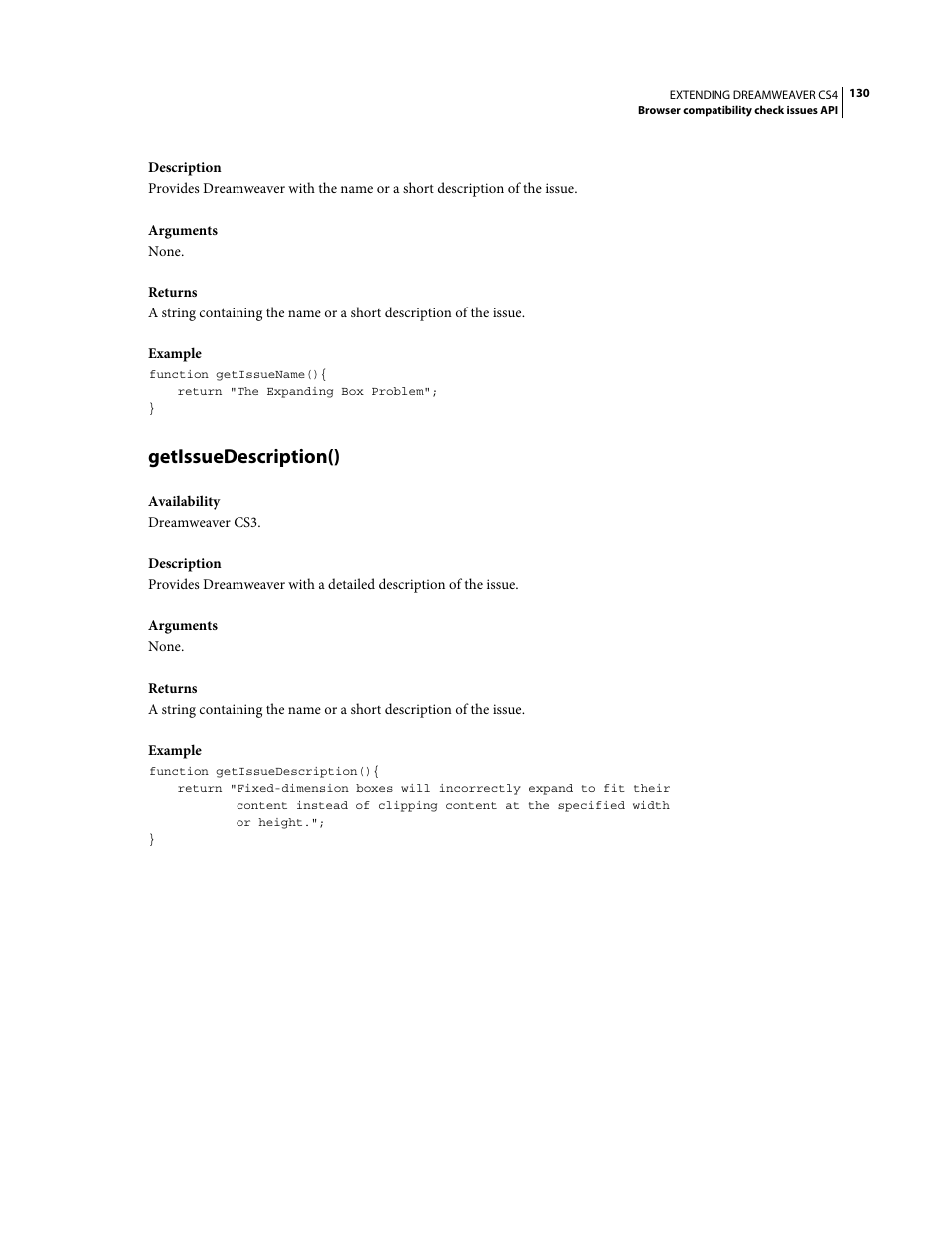 Getissuedescription() | Adobe Extending Dreamweaver CS4 User Manual | Page 136 / 387