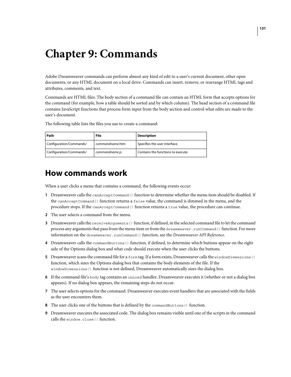 Chapter 9: commands, How commands work, Commands | Adobe Extending Dreamweaver CS4 User Manual | Page 137 / 387