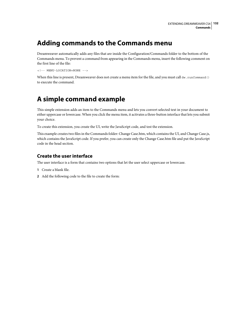 Adding commands to the commands menu, A simple command example, Create the user interface | Adobe Extending Dreamweaver CS4 User Manual | Page 138 / 387