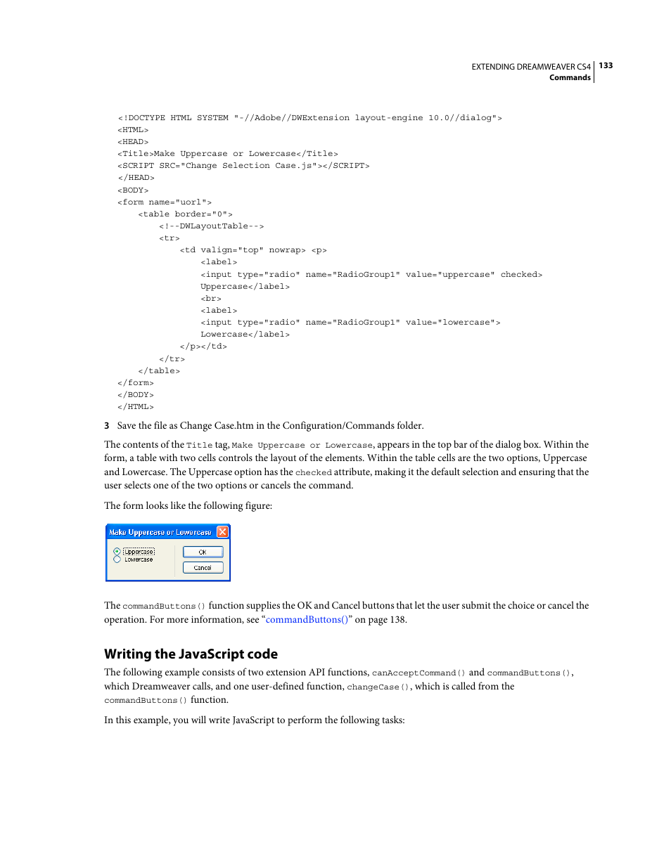 Writing the javascript code | Adobe Extending Dreamweaver CS4 User Manual | Page 139 / 387