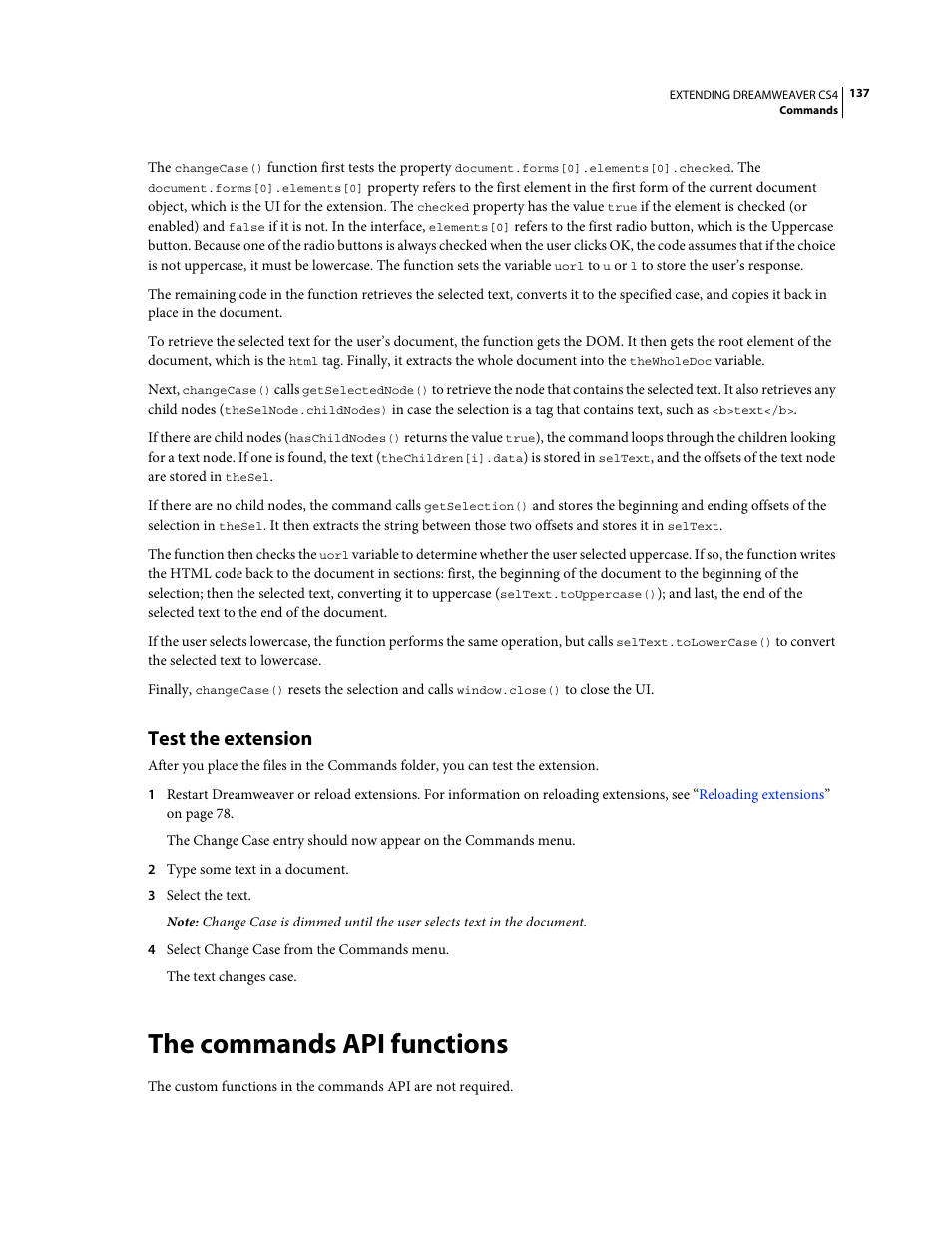 Test the extension, The commands api functions | Adobe Extending Dreamweaver CS4 User Manual | Page 143 / 387