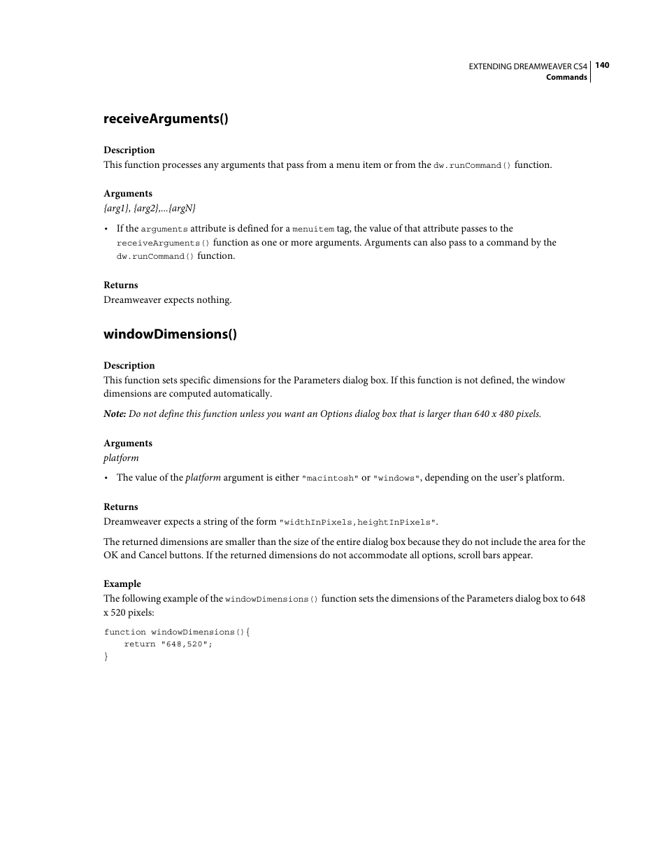 Receivearguments(), Windowdimensions() | Adobe Extending Dreamweaver CS4 User Manual | Page 146 / 387