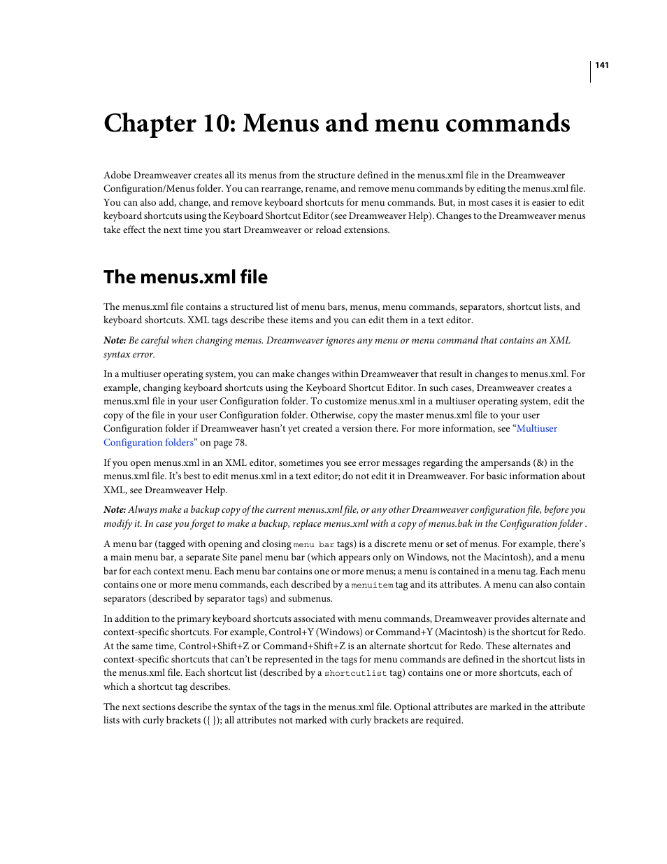 Chapter 10: menus and menu commands, The menus.xml file, Menus and | Menu commands, Menus and menu commands | Adobe Extending Dreamweaver CS4 User Manual | Page 147 / 387