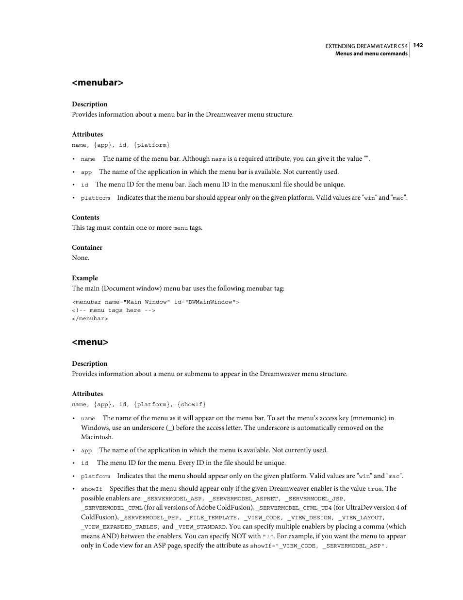 Menubar, Menu | Adobe Extending Dreamweaver CS4 User Manual | Page 148 / 387