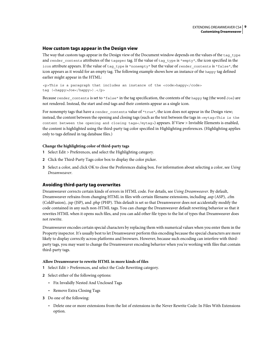 How custom tags appear in the design view, Avoiding third-party tag overwrites | Adobe Extending Dreamweaver CS4 User Manual | Page 15 / 387