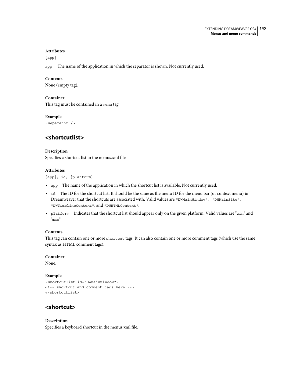 Shortcutlist, Shortcut | Adobe Extending Dreamweaver CS4 User Manual | Page 151 / 387