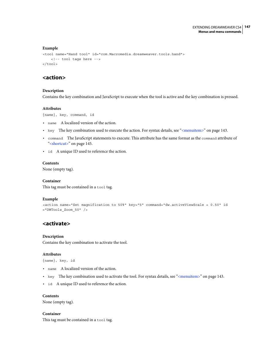 Action, Activate | Adobe Extending Dreamweaver CS4 User Manual | Page 153 / 387