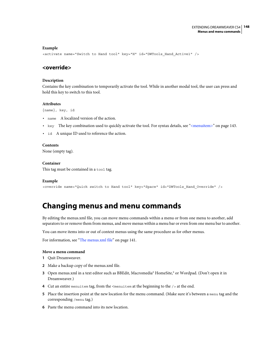 Override, Changing menus and menu commands | Adobe Extending Dreamweaver CS4 User Manual | Page 154 / 387