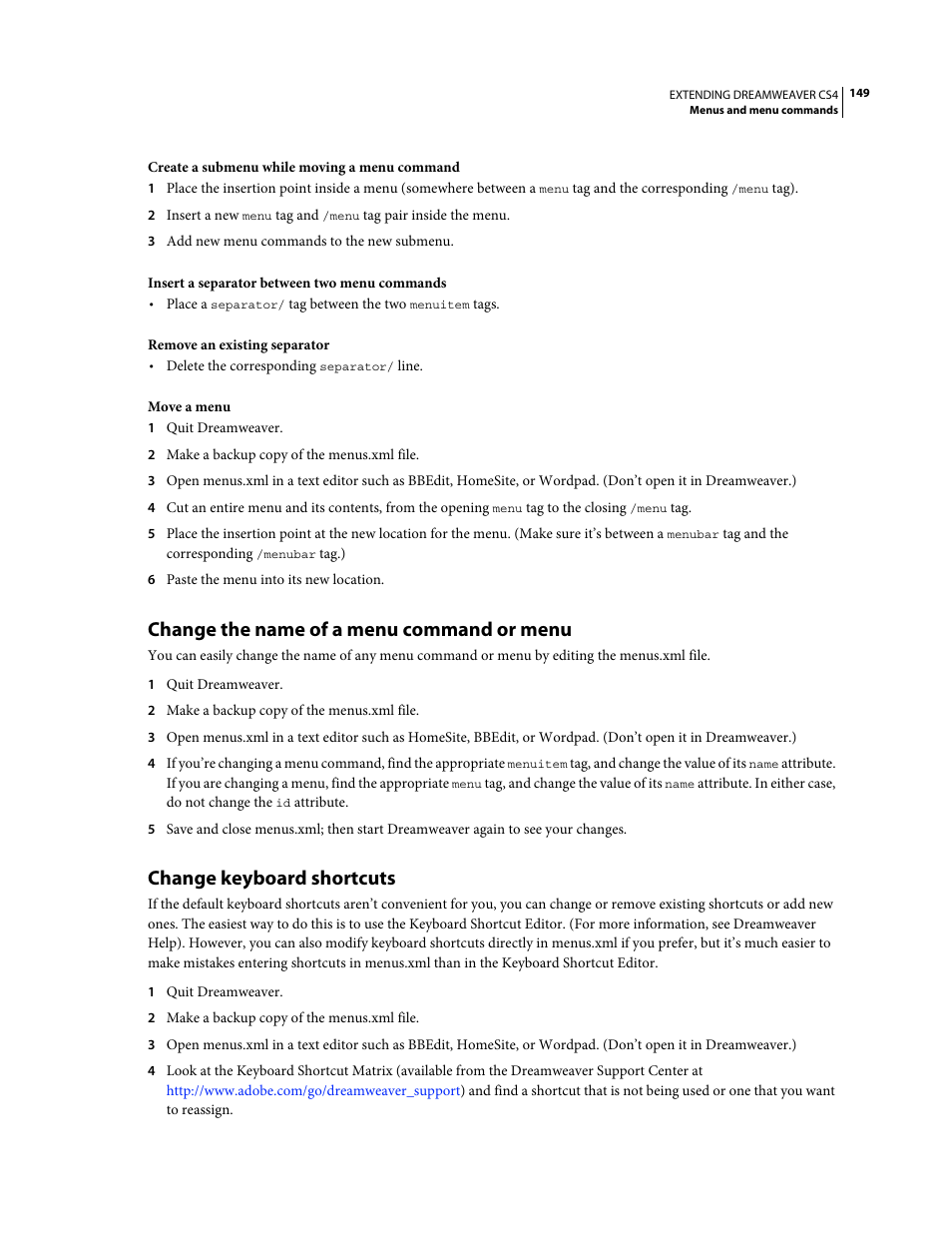 Change the name of a menu command or menu, Change keyboard shortcuts | Adobe Extending Dreamweaver CS4 User Manual | Page 155 / 387