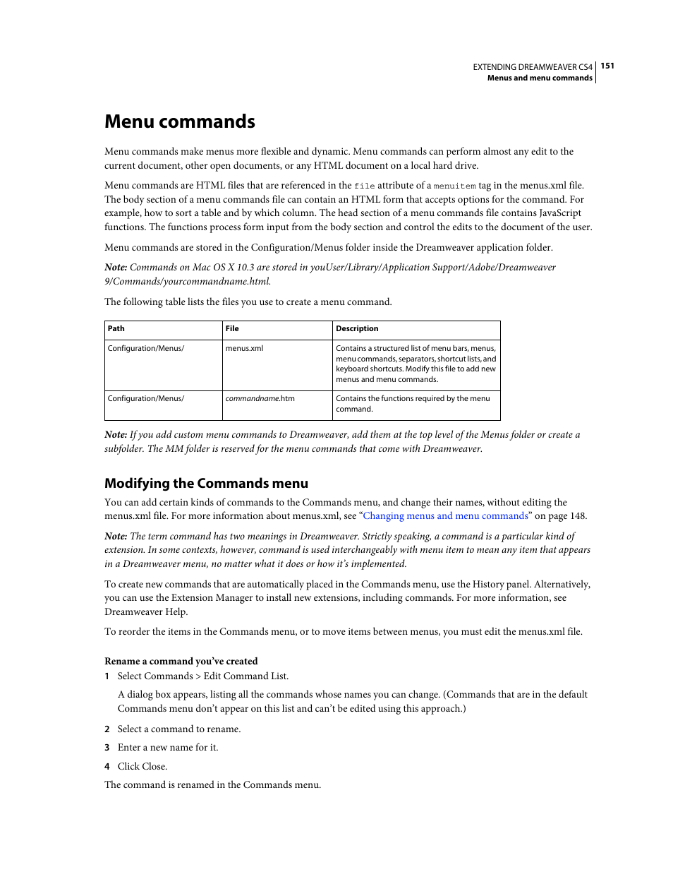 Menu commands, Modifying the commands menu | Adobe Extending Dreamweaver CS4 User Manual | Page 157 / 387