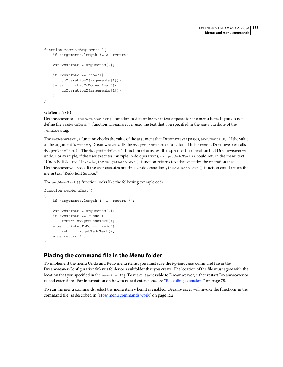 Placing the command file in the menu folder | Adobe Extending Dreamweaver CS4 User Manual | Page 161 / 387