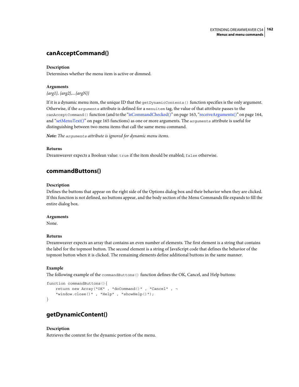 Canacceptcommand(), Commandbuttons(), Getdynamiccontent() | Adobe Extending Dreamweaver CS4 User Manual | Page 168 / 387