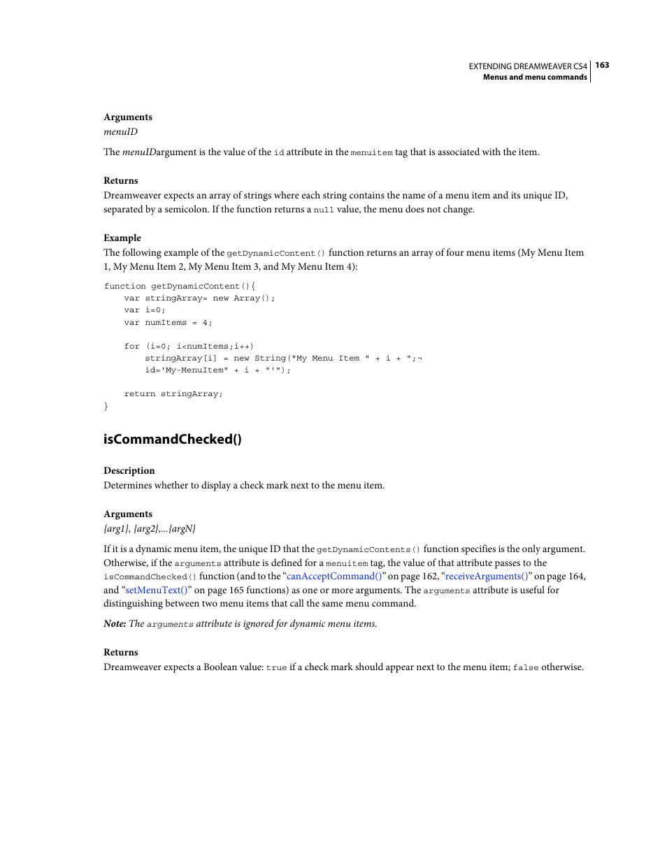 Iscommandchecked() | Adobe Extending Dreamweaver CS4 User Manual | Page 169 / 387