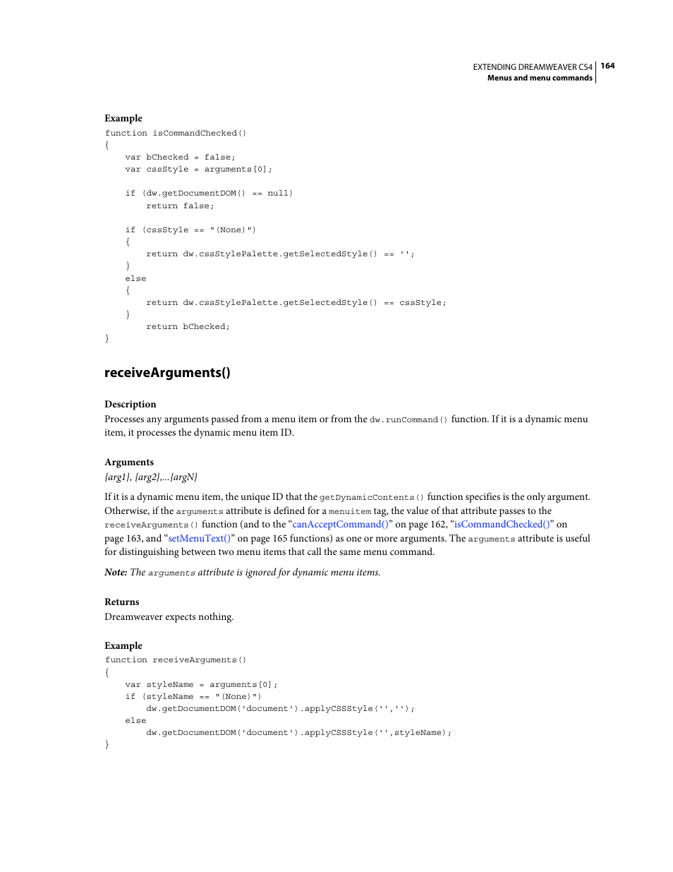 Receivearguments() | Adobe Extending Dreamweaver CS4 User Manual | Page 170 / 387