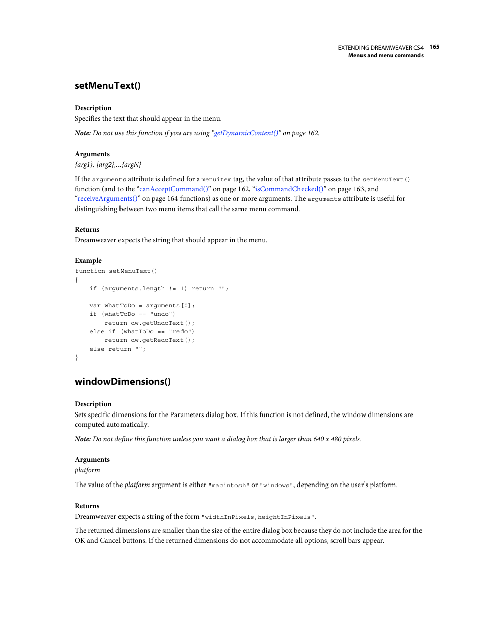 Setmenutext(), Windowdimensions() | Adobe Extending Dreamweaver CS4 User Manual | Page 171 / 387