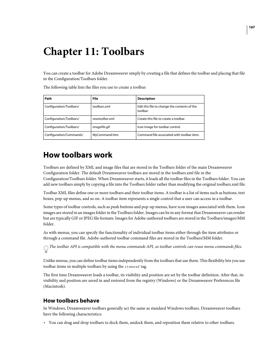 Chapter 11: toolbars, How toolbars work, How toolbars behave | Adobe Extending Dreamweaver CS4 User Manual | Page 173 / 387