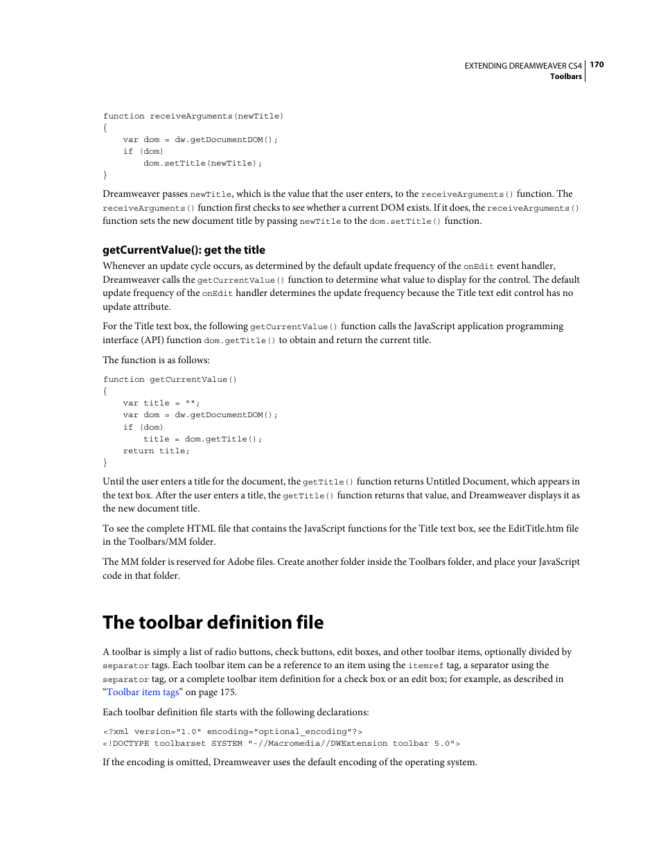 Getcurrentvalue(): get the title, The toolbar definition file | Adobe Extending Dreamweaver CS4 User Manual | Page 176 / 387