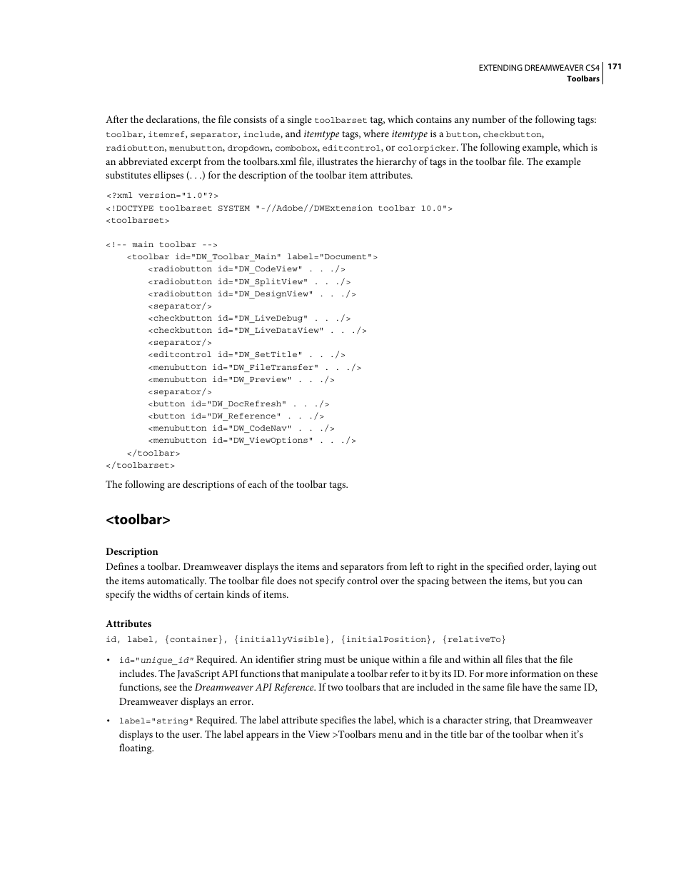 Toolbar | Adobe Extending Dreamweaver CS4 User Manual | Page 177 / 387