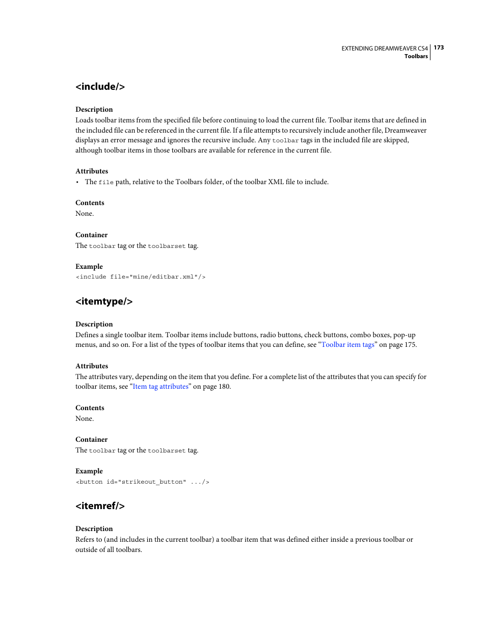 Include, Itemtype, Itemref | Adobe Extending Dreamweaver CS4 User Manual | Page 179 / 387