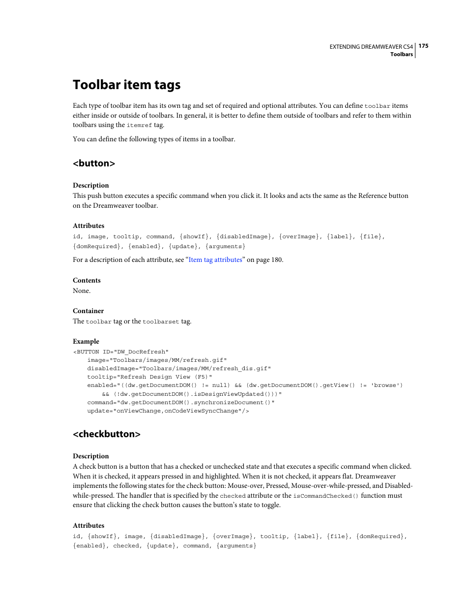 Toolbar item tags, Button, Checkbutton | Toolbar, Item tags | Adobe Extending Dreamweaver CS4 User Manual | Page 181 / 387