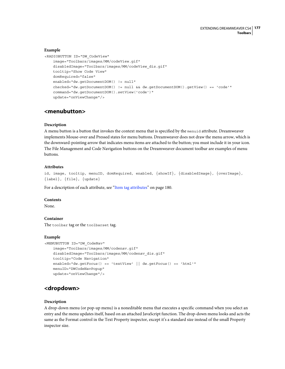 Menubutton, Dropdown | Adobe Extending Dreamweaver CS4 User Manual | Page 183 / 387