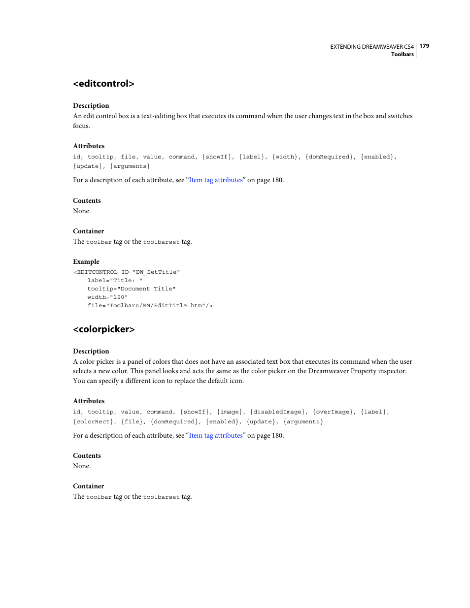 Editcontrol, Colorpicker | Adobe Extending Dreamweaver CS4 User Manual | Page 185 / 387