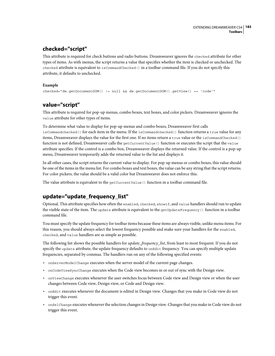 Checked="script, Value="script, Update="update_frequency_list | Adobe Extending Dreamweaver CS4 User Manual | Page 189 / 387