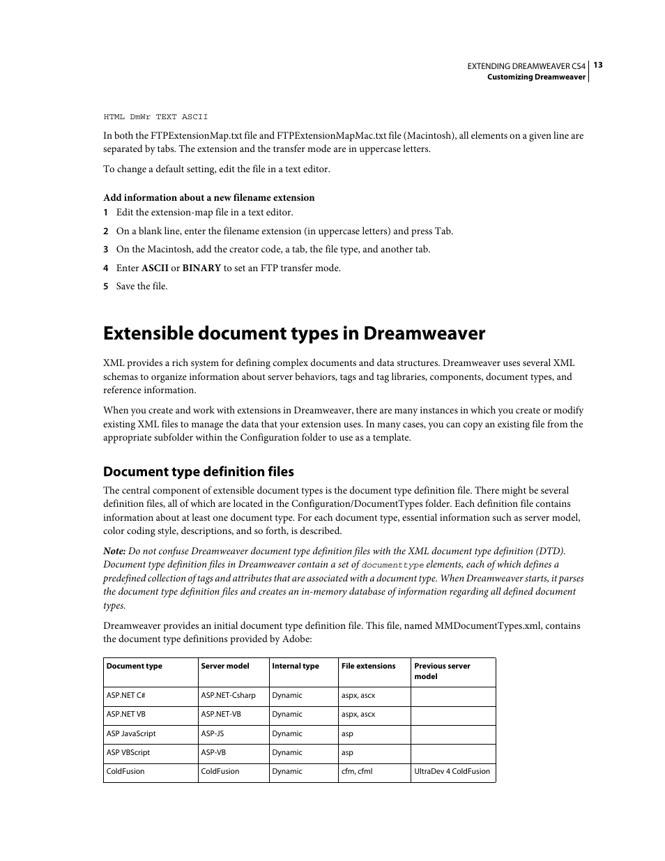 Extensible document types in dreamweaver, Document type definition files | Adobe Extending Dreamweaver CS4 User Manual | Page 19 / 387