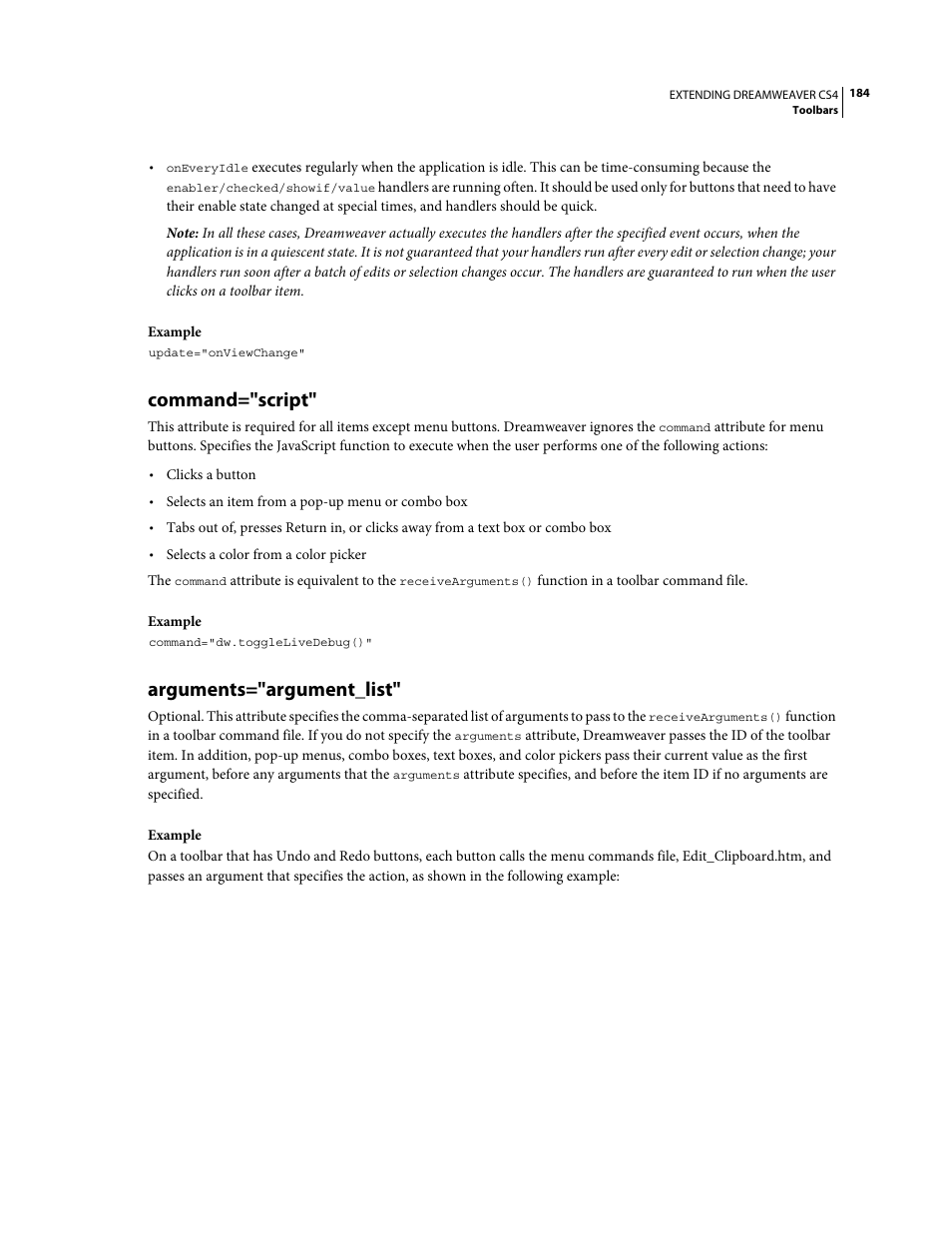 Command="script, Arguments="argument_list | Adobe Extending Dreamweaver CS4 User Manual | Page 190 / 387