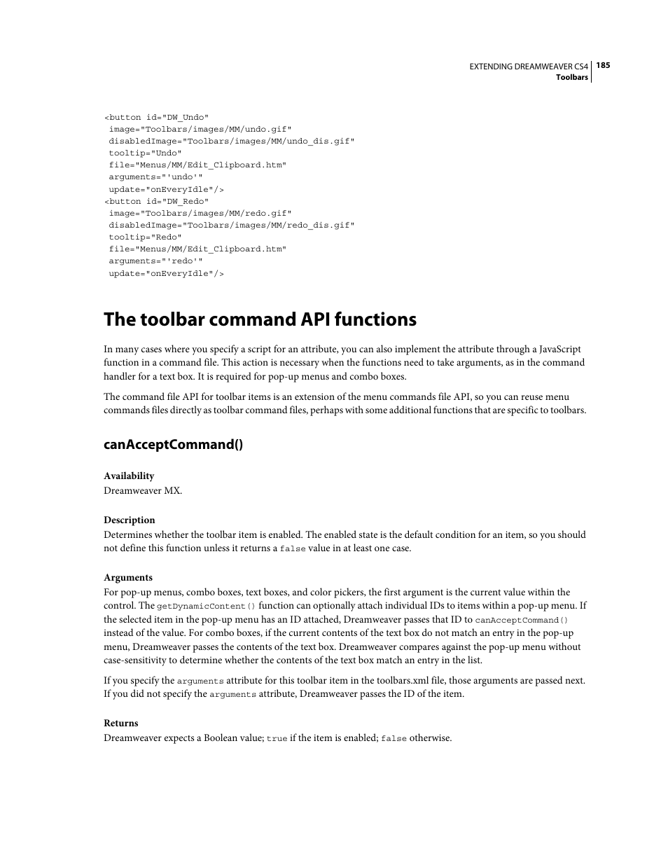 The toolbar command api functions, Canacceptcommand(), The toolbar command | Api functions | Adobe Extending Dreamweaver CS4 User Manual | Page 191 / 387