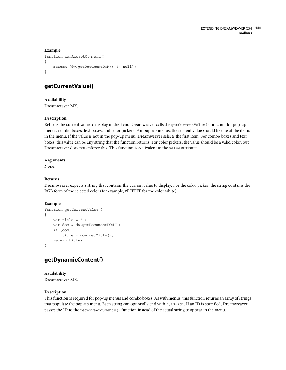 Getcurrentvalue(), Getdynamiccontent() | Adobe Extending Dreamweaver CS4 User Manual | Page 192 / 387