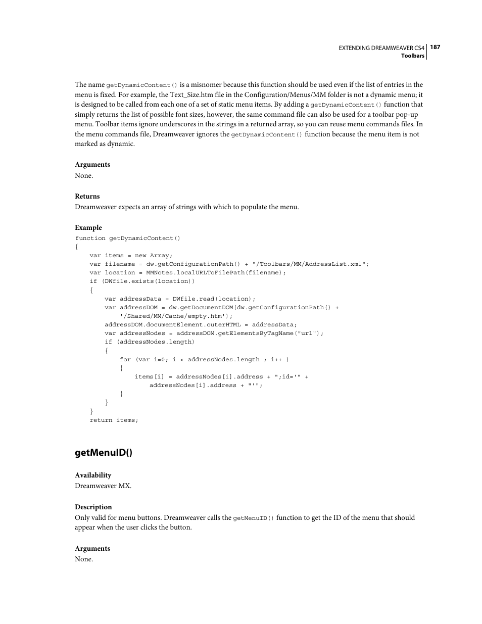 Getmenuid() | Adobe Extending Dreamweaver CS4 User Manual | Page 193 / 387