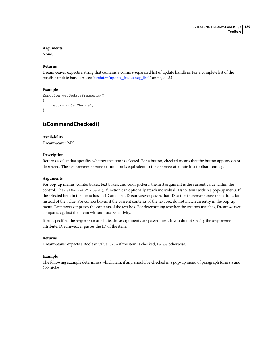 Iscommandchecked() | Adobe Extending Dreamweaver CS4 User Manual | Page 195 / 387