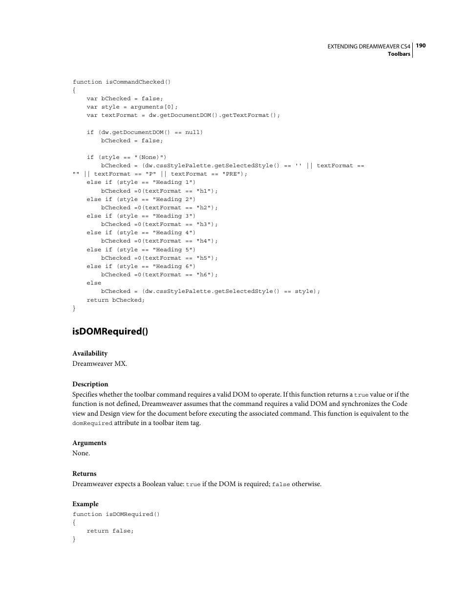 Isdomrequired() | Adobe Extending Dreamweaver CS4 User Manual | Page 196 / 387