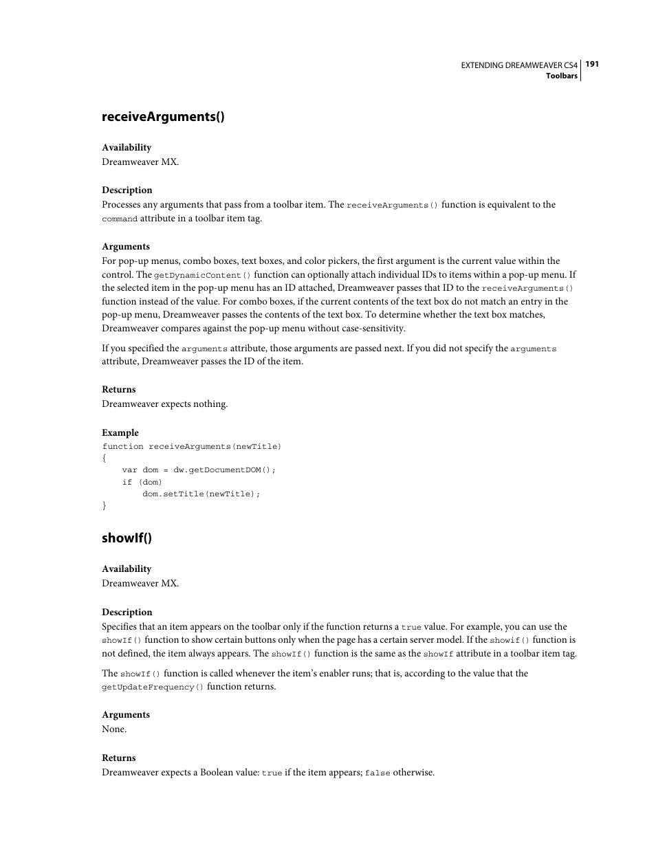 Receivearguments(), Showif() | Adobe Extending Dreamweaver CS4 User Manual | Page 197 / 387