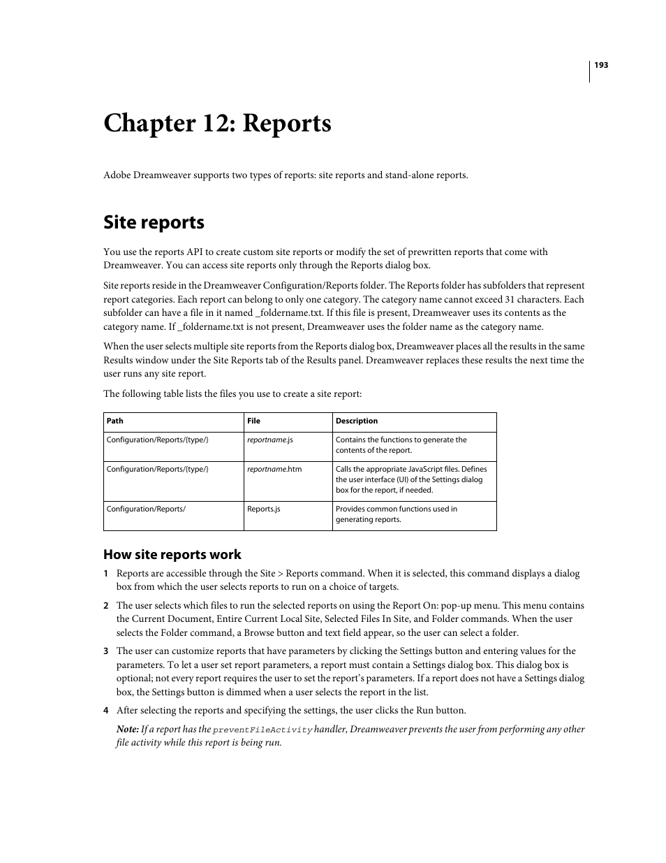 Chapter 12: reports, Site reports, How site reports work | Adobe Extending Dreamweaver CS4 User Manual | Page 199 / 387