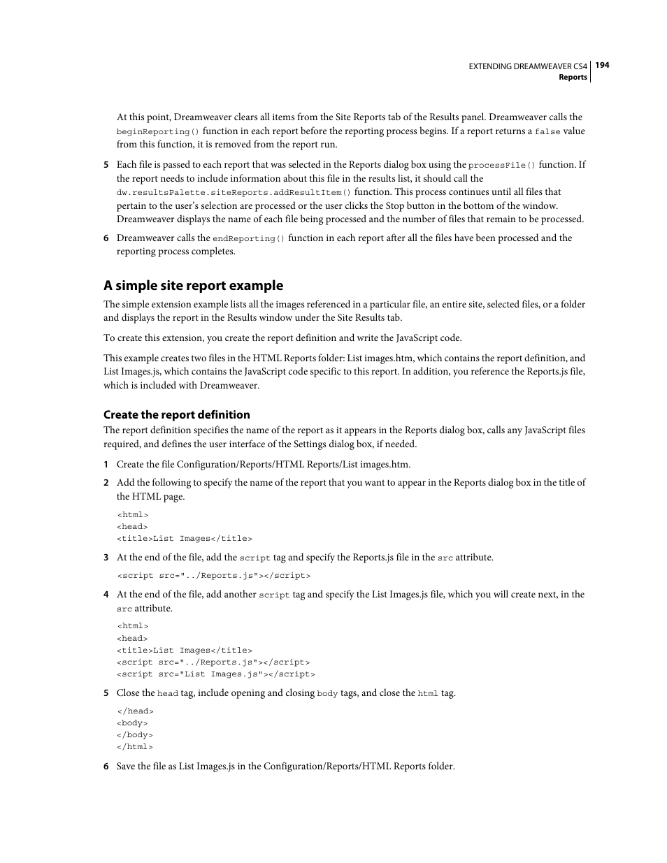 A simple site report example, Create the report definition | Adobe Extending Dreamweaver CS4 User Manual | Page 200 / 387