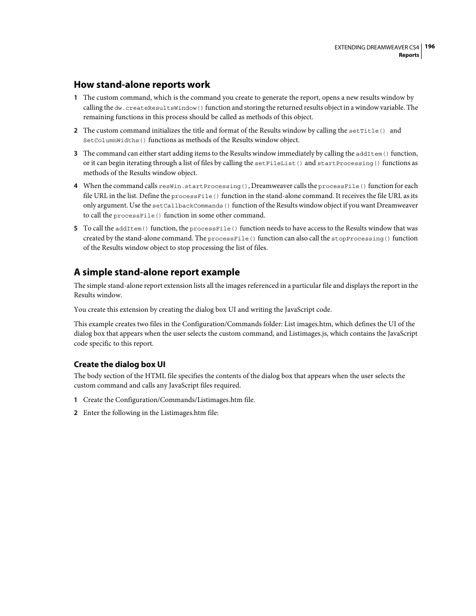 How stand-alone reports work, A simple stand-alone report example, Create the dialog box ui | Adobe Extending Dreamweaver CS4 User Manual | Page 202 / 387