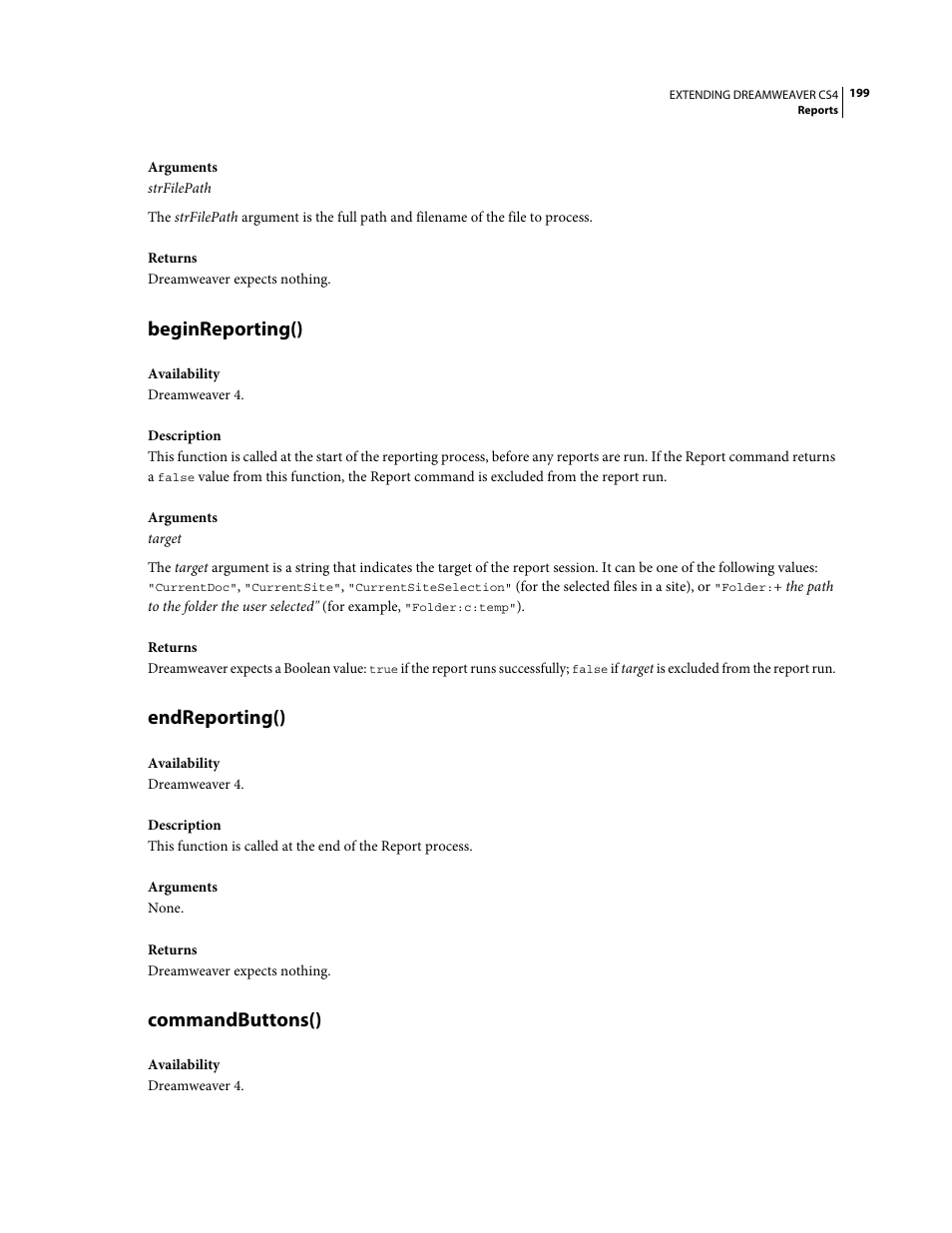 Beginreporting(), Endreporting(), Commandbuttons() | Adobe Extending Dreamweaver CS4 User Manual | Page 205 / 387