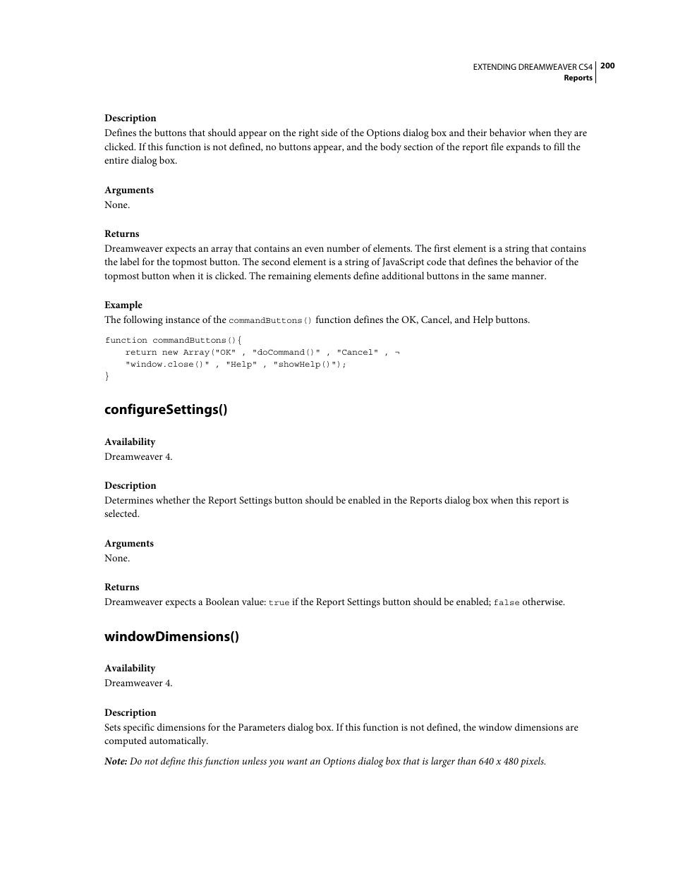 Configuresettings(), Windowdimensions() | Adobe Extending Dreamweaver CS4 User Manual | Page 206 / 387