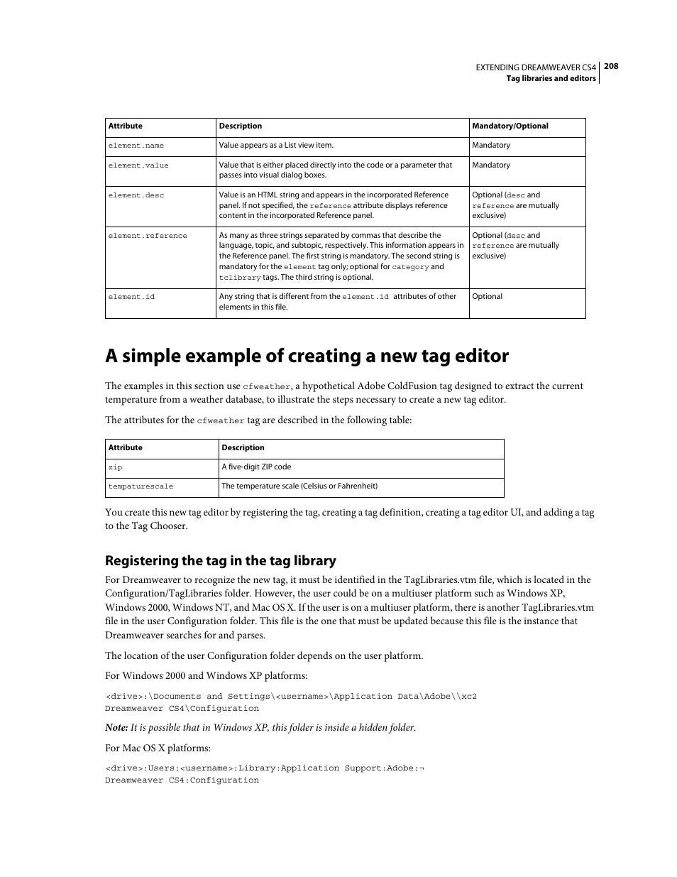 A simple example of creating a new tag editor, Registering the tag in the tag library | Adobe Extending Dreamweaver CS4 User Manual | Page 214 / 387