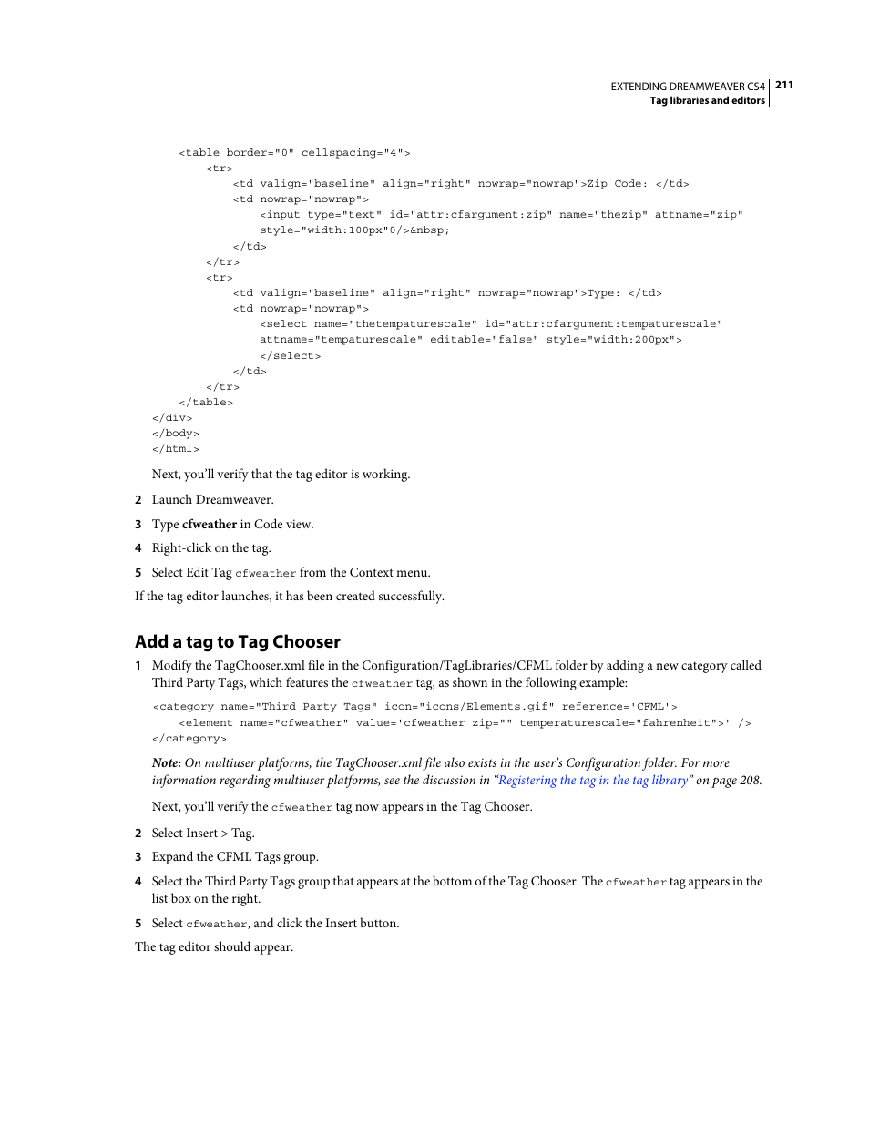 Add a tag to tag chooser | Adobe Extending Dreamweaver CS4 User Manual | Page 217 / 387