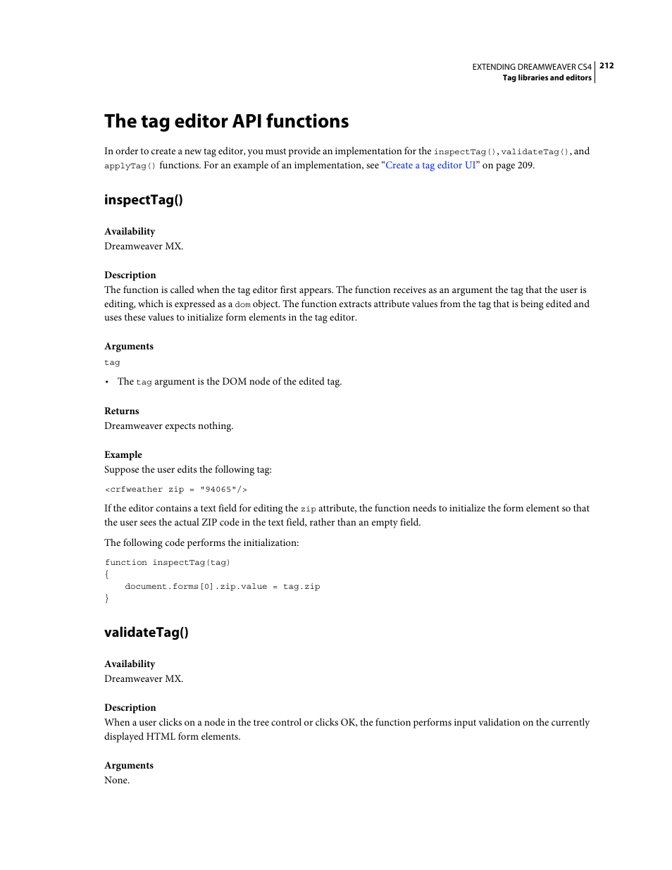 The tag editor api functions, Inspecttag(), Validatetag() | Adobe Extending Dreamweaver CS4 User Manual | Page 218 / 387