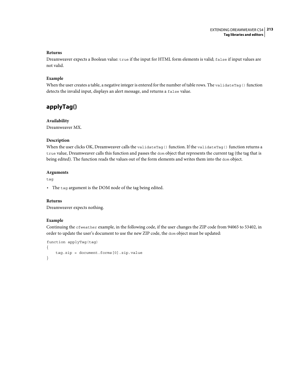 Applytag() | Adobe Extending Dreamweaver CS4 User Manual | Page 219 / 387