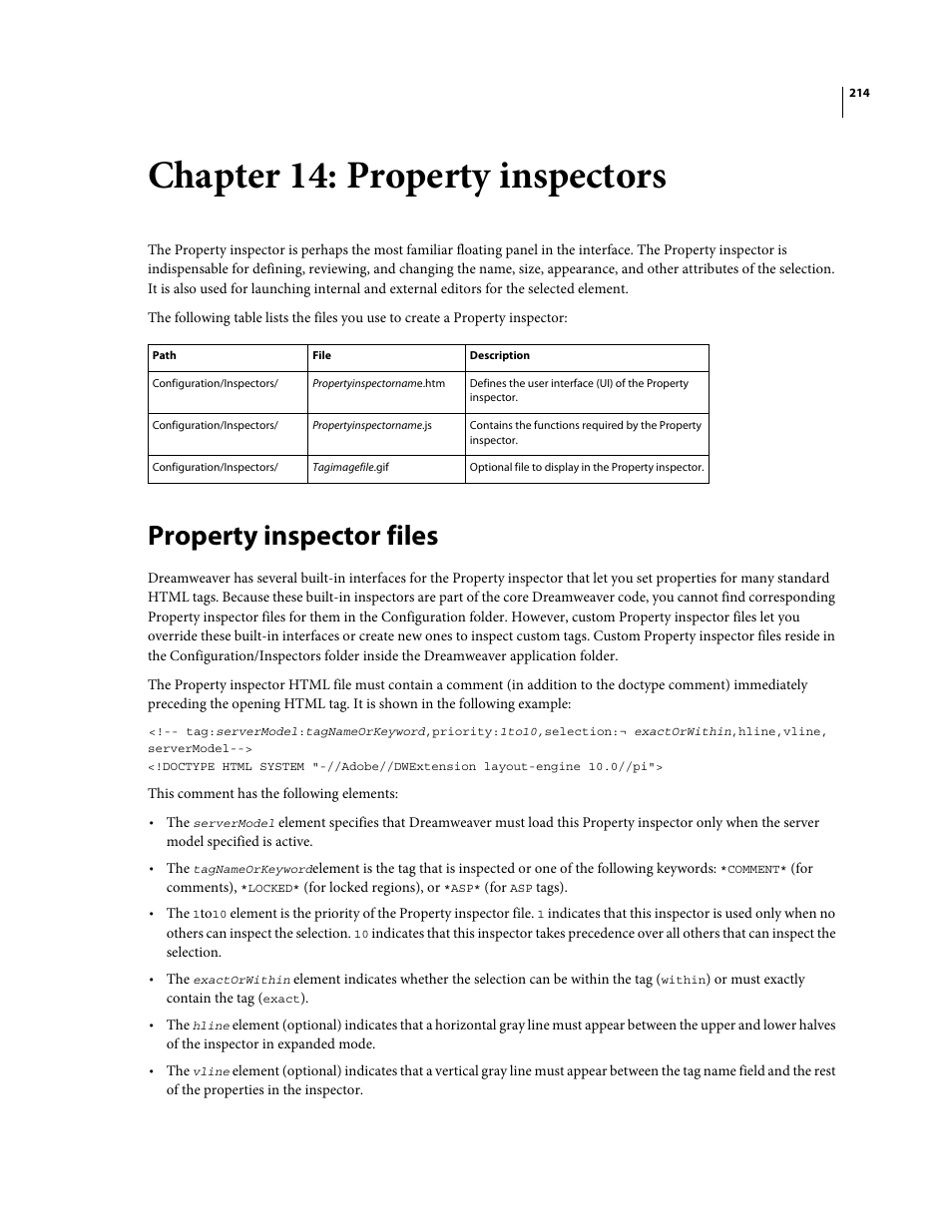 Chapter 14: property inspectors, Property inspector files, Property inspectors | Adobe Extending Dreamweaver CS4 User Manual | Page 220 / 387