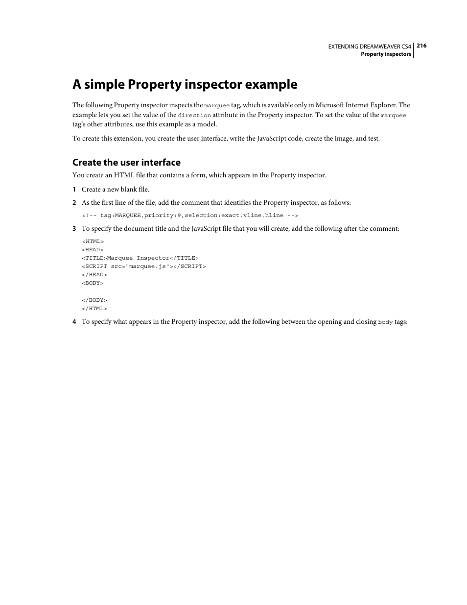 A simple property inspector example, Create the user interface | Adobe Extending Dreamweaver CS4 User Manual | Page 222 / 387