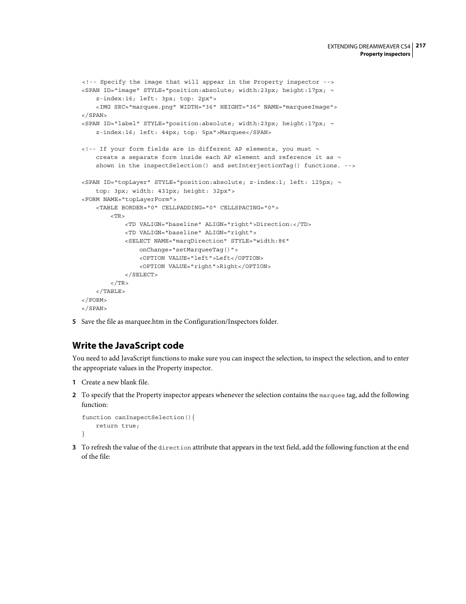 Write the javascript code | Adobe Extending Dreamweaver CS4 User Manual | Page 223 / 387