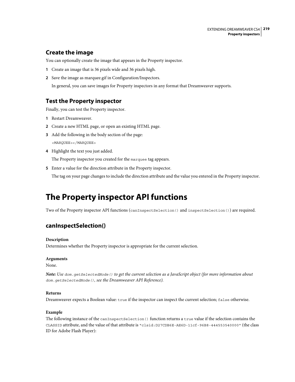 Create the image, Test the property inspector, The property inspector api functions | Caninspectselection() | Adobe Extending Dreamweaver CS4 User Manual | Page 225 / 387