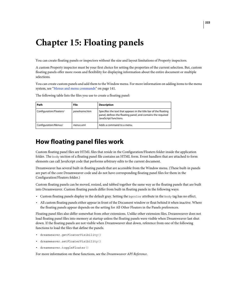 Chapter 15: floating panels, How floating panel files work | Adobe Extending Dreamweaver CS4 User Manual | Page 228 / 387